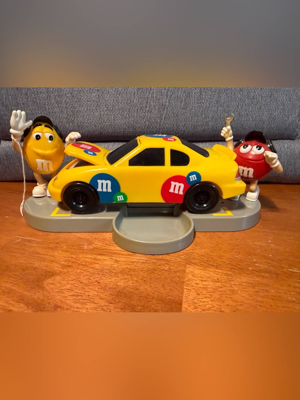 M&M'S Yellow Race Car Toy with Red Blue and Green Decals